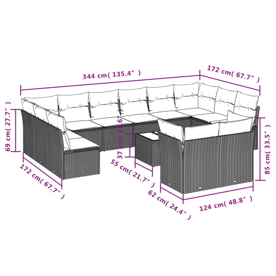 Ensemble de canapé de jardin 13 pcs avec coussins marron résine tressée - 7
