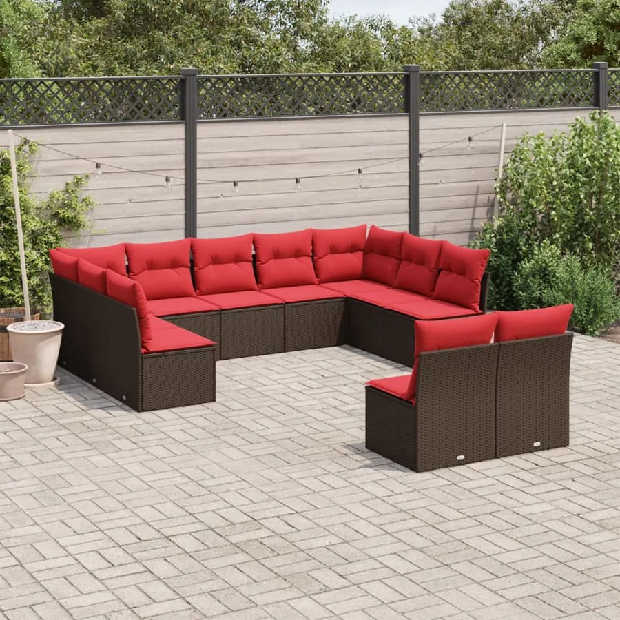Ensemble de canapé de jardin 11 pcs avec coussins marron résine tressée