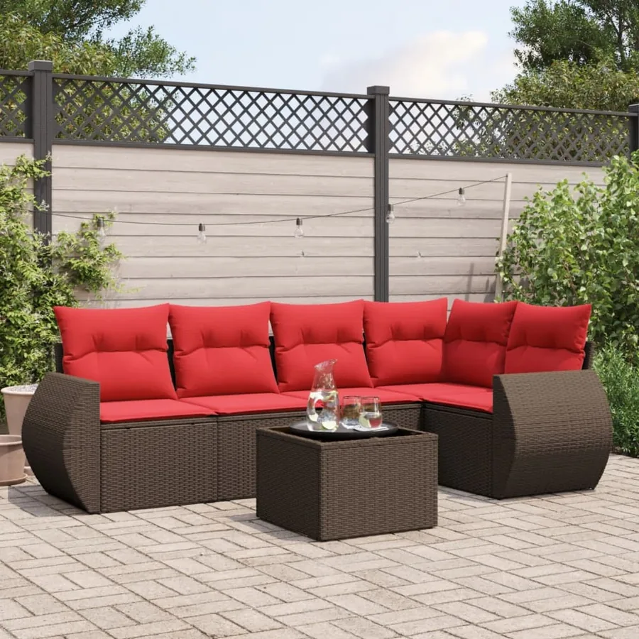 Ensemble de canapé de jardin 6 pcs avec coussins marron résine tressée