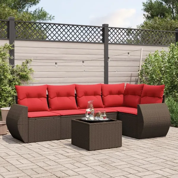 Ensemble de canapé de jardin 6 pcs avec coussins marron résine tressée