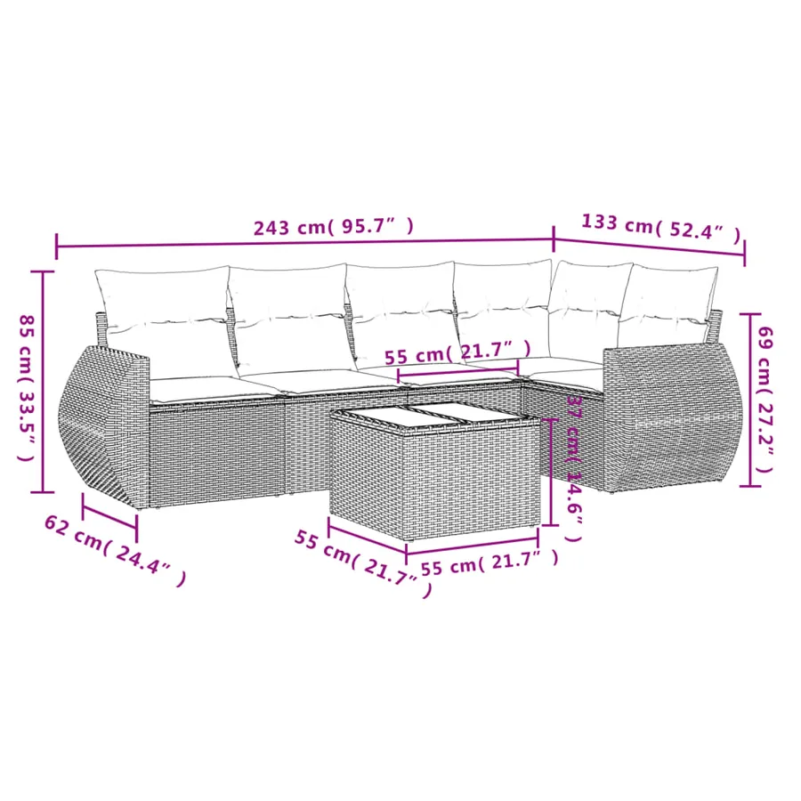 Ensemble de canapé de jardin 6 pcs avec coussins marron résine tressée - 8