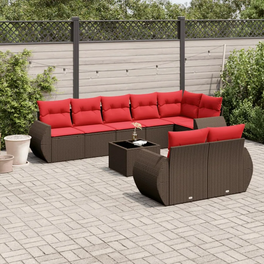 Ensemble de canapé de jardin 9 pcs avec coussins marron résine tressée