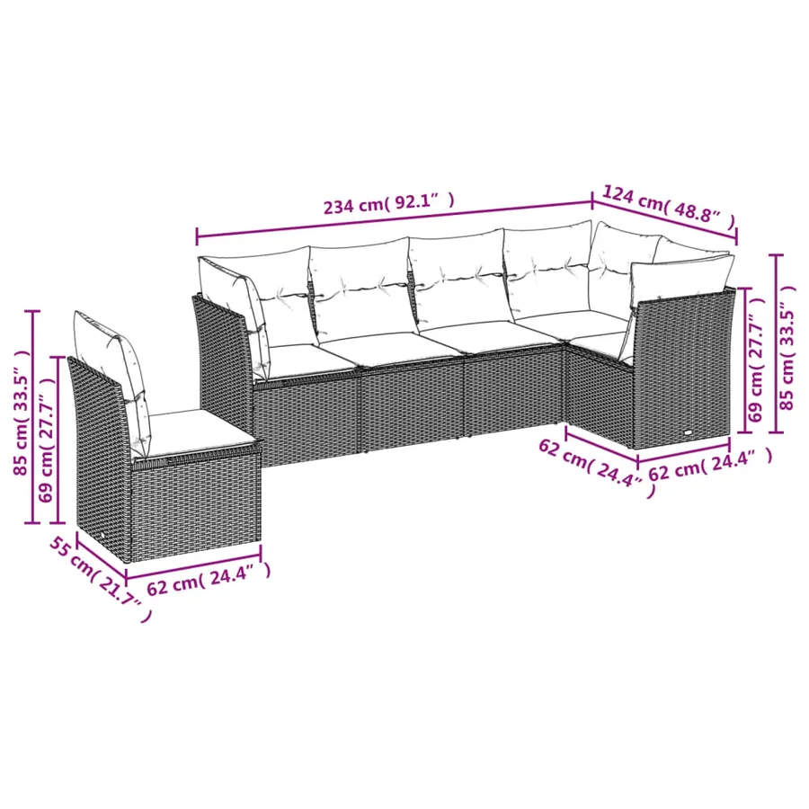 Ensemble de canapé de jardin 6 pcs avec coussins gris résine tressée - 6