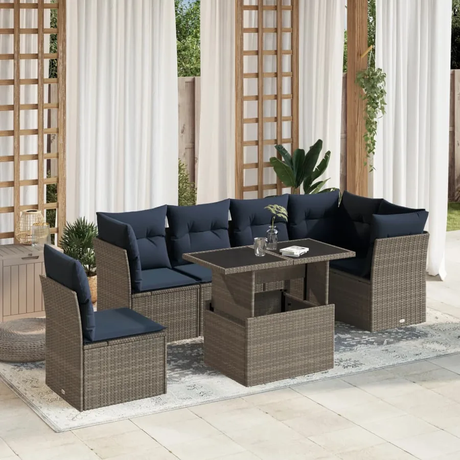 Ensemble de canapé de jardin 7 pcs avec coussins gris résine tressée