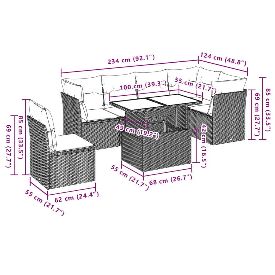 Ensemble de canapé de jardin 7 pcs avec coussins gris résine tressée - 9
