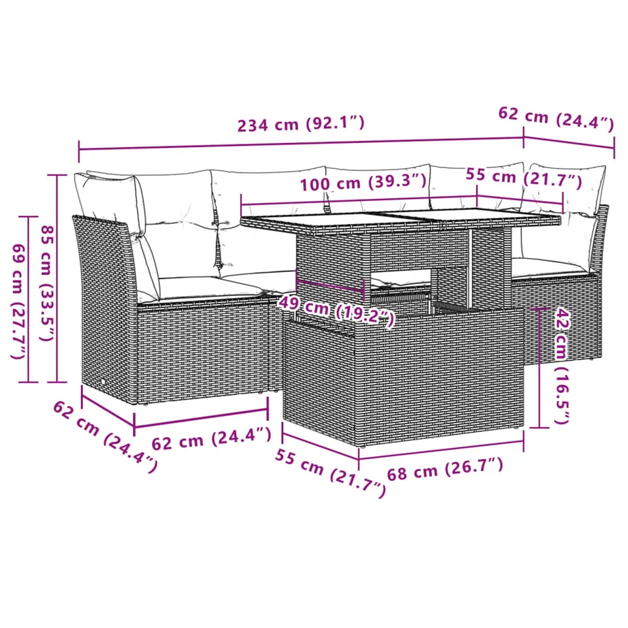 Ensemble de canapé de jardin 5 pcs avec coussins gris résine tressée - 9