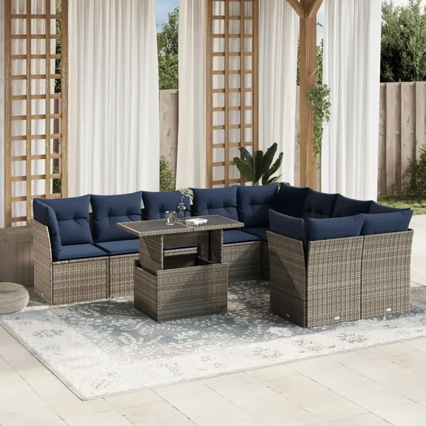 Ensemble de canapé de jardin 10 pcs avec coussins gris résine tressée