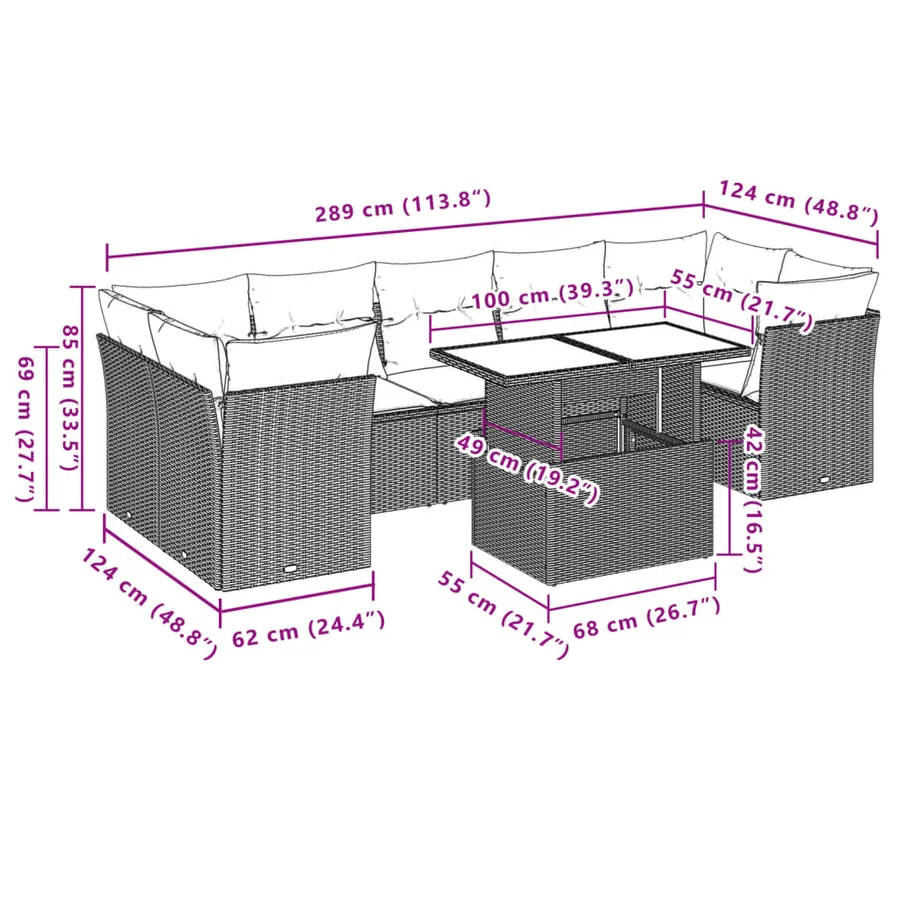 Ensemble de canapé de jardin 8 pcs avec coussins gris résine tressée - 9