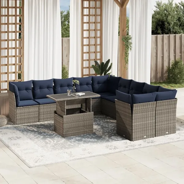 Ensemble de canapé de jardin 11 pcs avec coussins gris résine tressée
