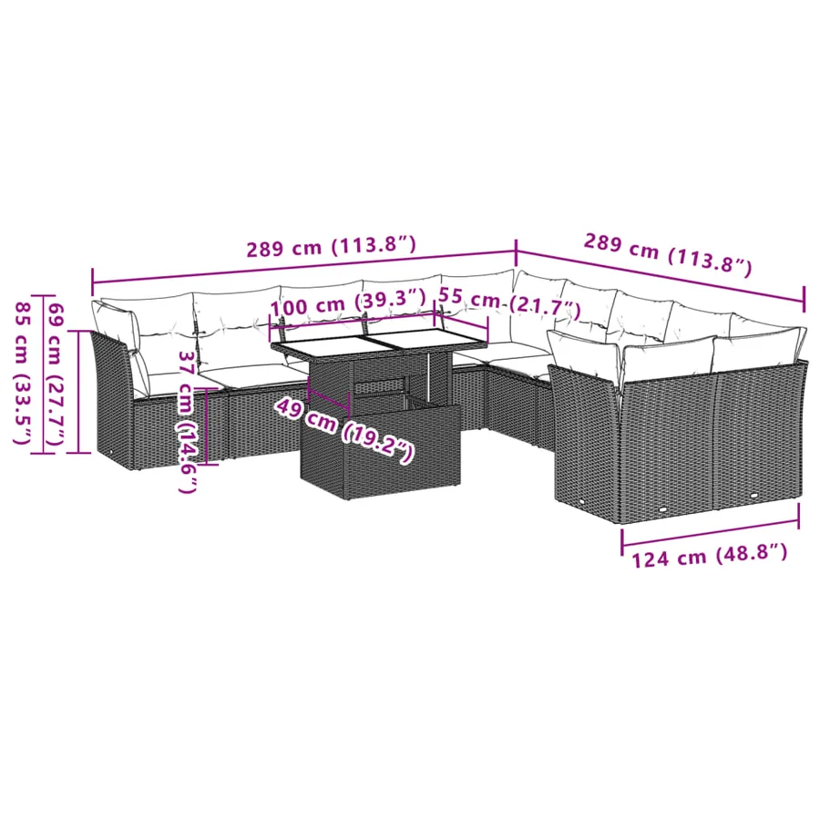 Ensemble de canapé de jardin 11 pcs avec coussins gris résine tressée - 9