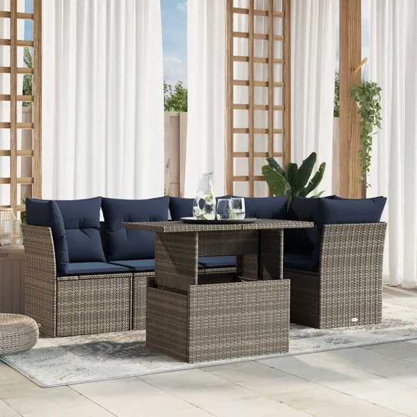 Ensemble de canapé de jardin 6 pcs avec coussins gris résine tressée