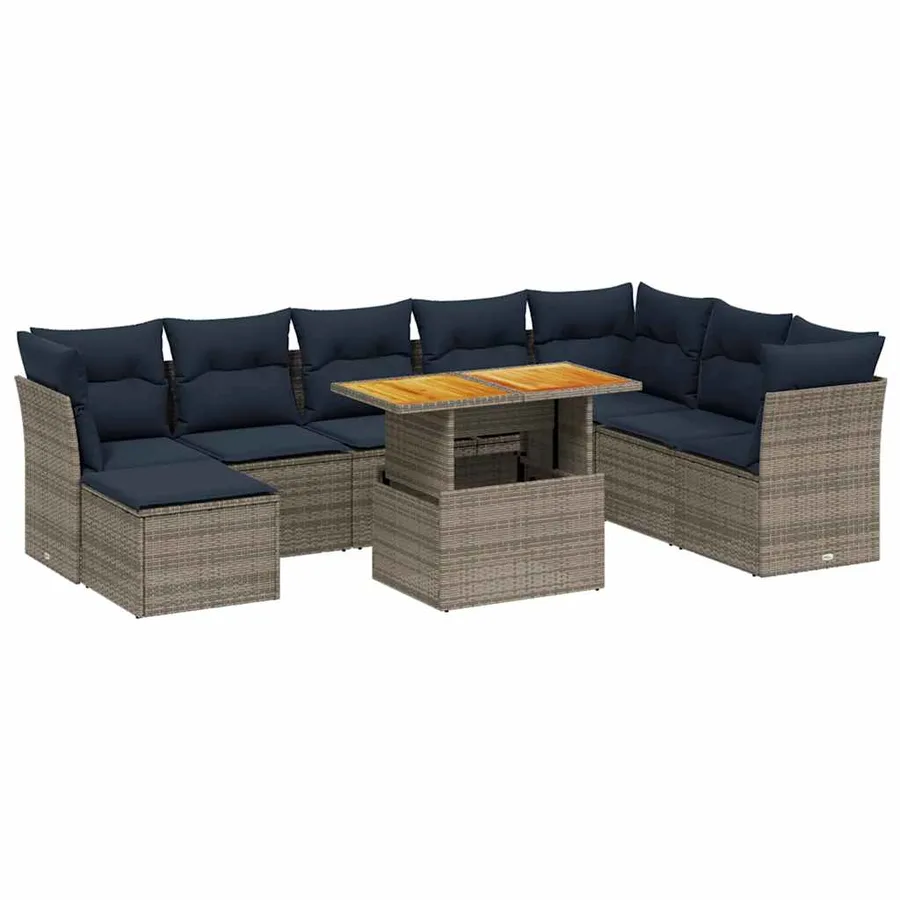 Salon de jardin 9 pcs avec coussins gris résine tressée - 2