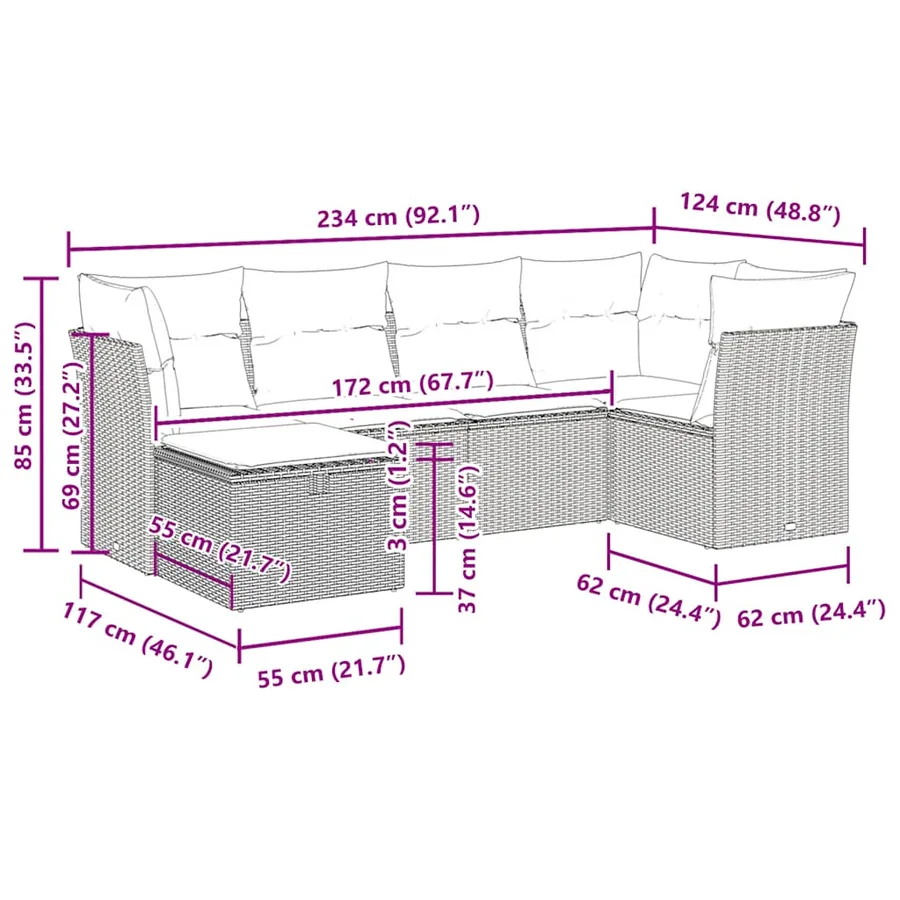 Salon de jardin 6 pcs avec coussins gris résine tressée - 11