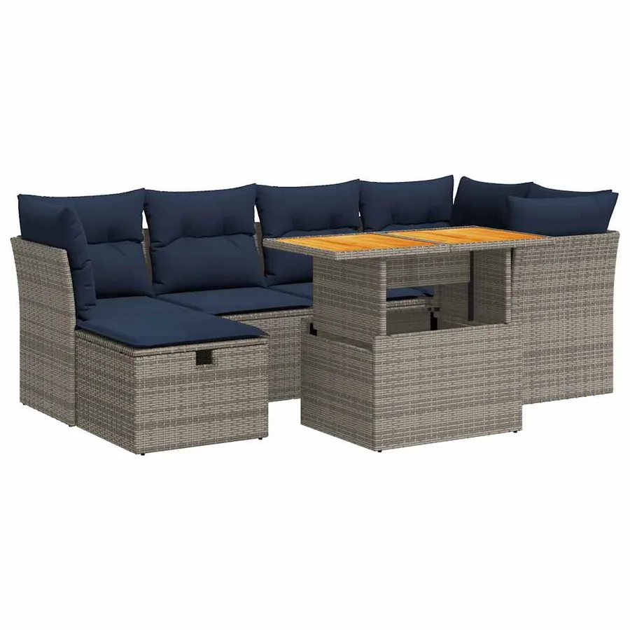 Salon de jardin avec coussins 7 pcs noir résine tressée acacia - 2