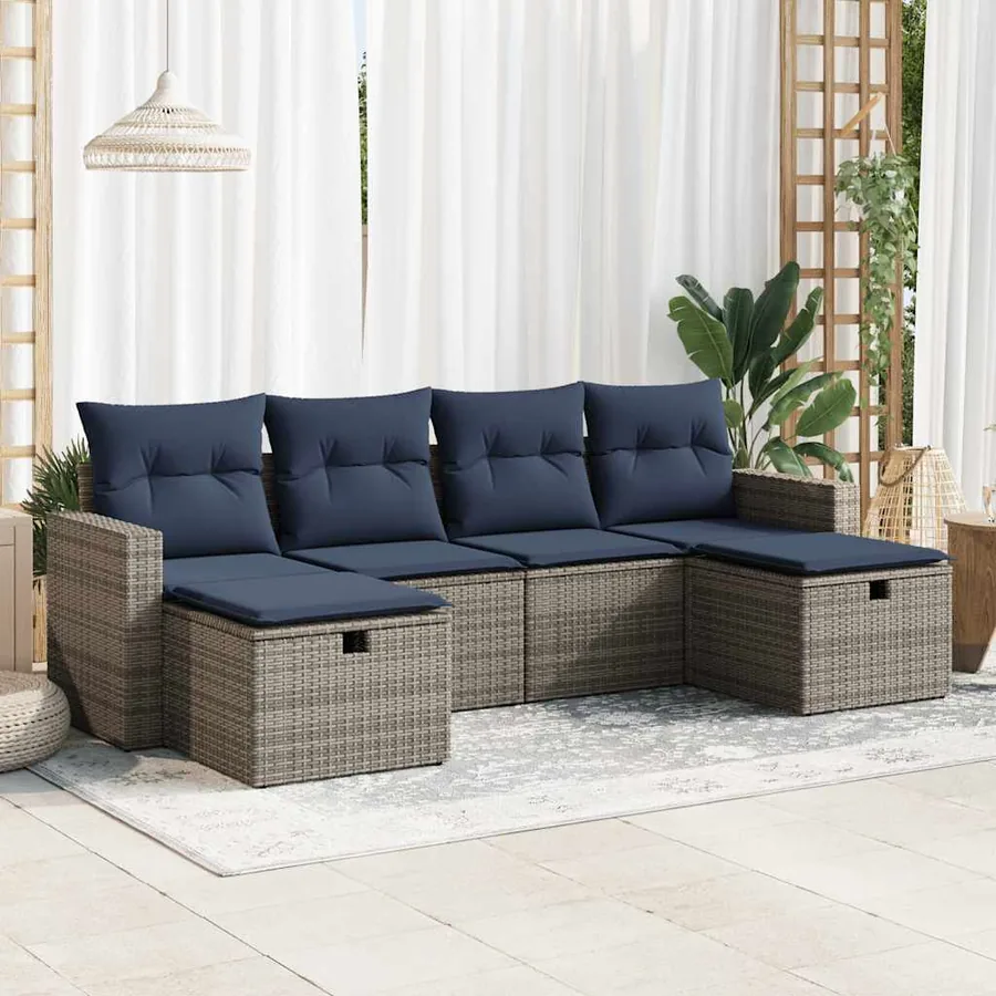 Salon de jardin 6 pcs avec coussins gris résine tressée