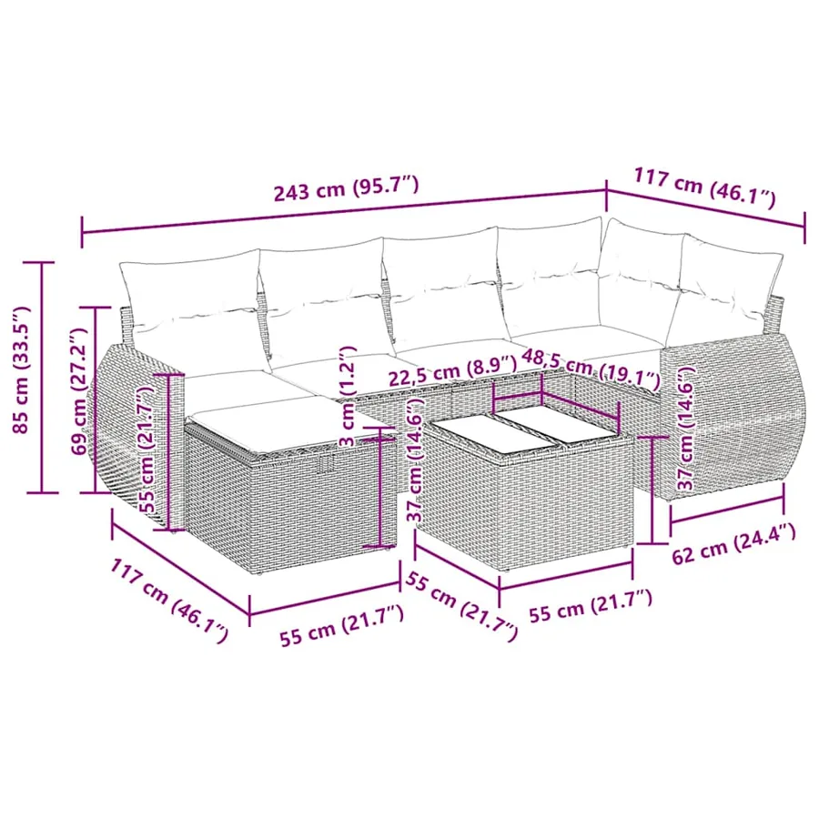 Salon de jardin avec coussins 7 pcs gris résine tressée - 14