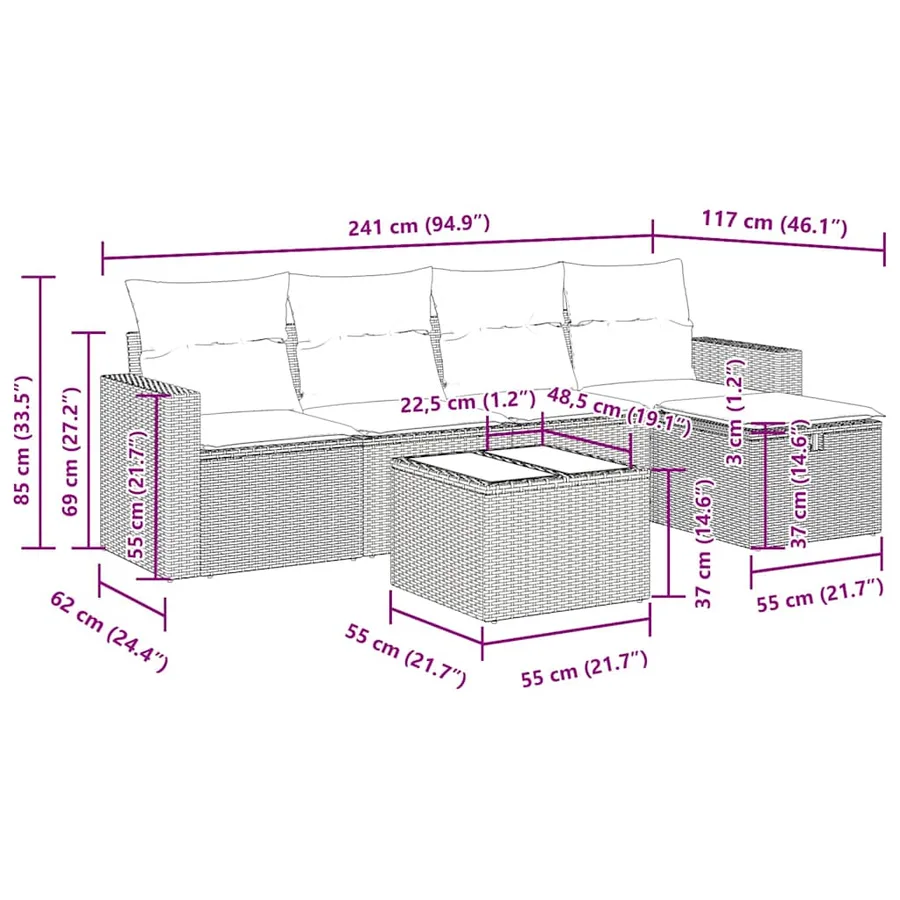 Salon de jardin 6 pcs avec coussins gris résine tressée - 13