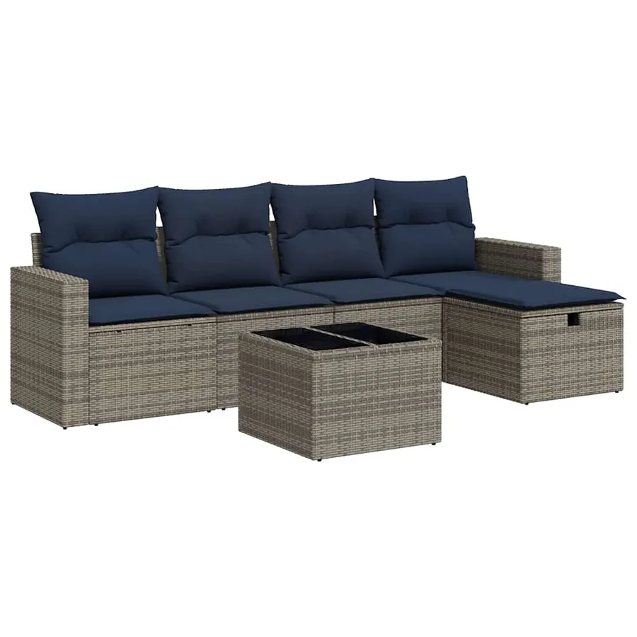 Salon de jardin 6 pcs avec coussins gris résine tressée - 2