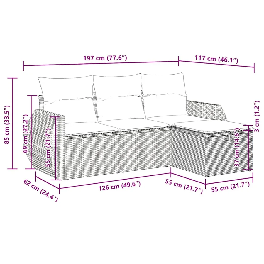 Salon de jardin 4 pcs avec coussins gris résine tressée - 11