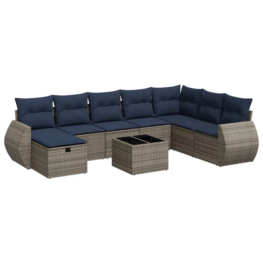 Salon de jardin 9 pcs avec coussins gris résine tressée - 2