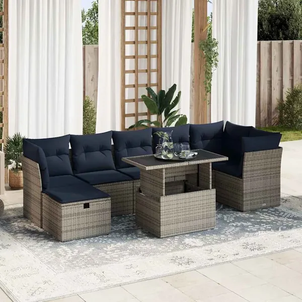 Salon de jardin 8pcs avec coussins gris résine tressée acacia