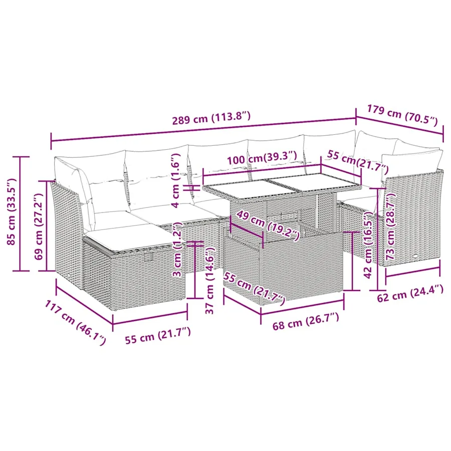 Salon de jardin 8pcs avec coussins gris résine tressée acacia - 16