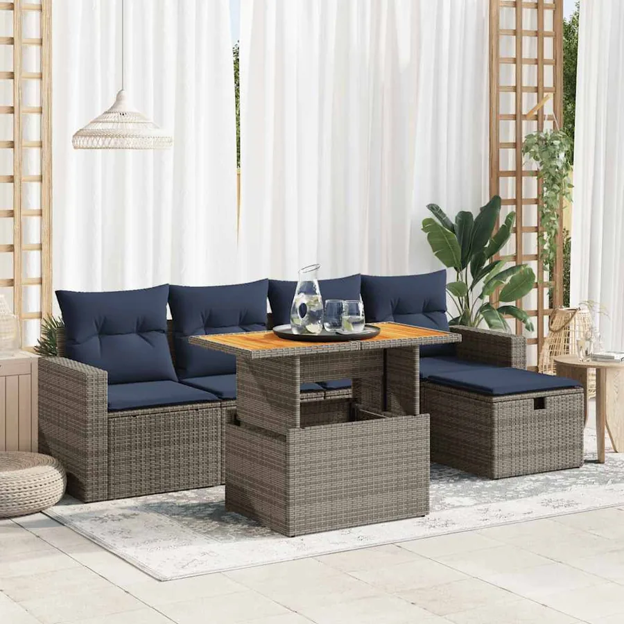Salon de jardin avec coussins 6 pcs gris résine tressée acacia