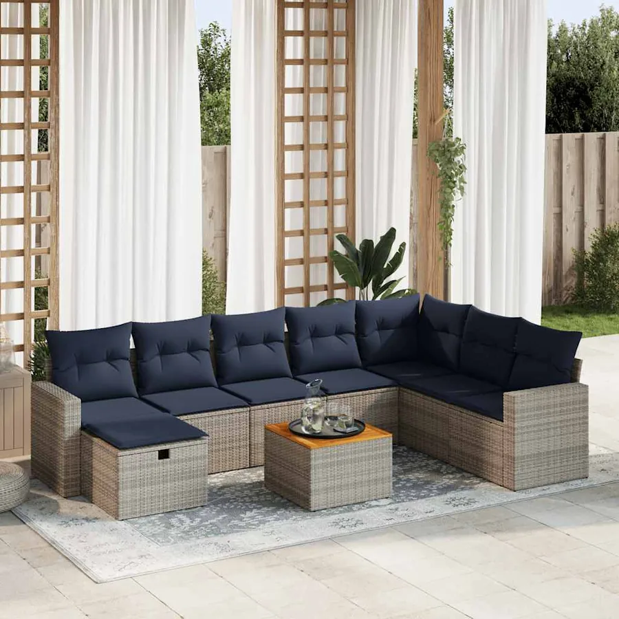 Salon de jardin 9 pcs avec coussins gris résine tressée