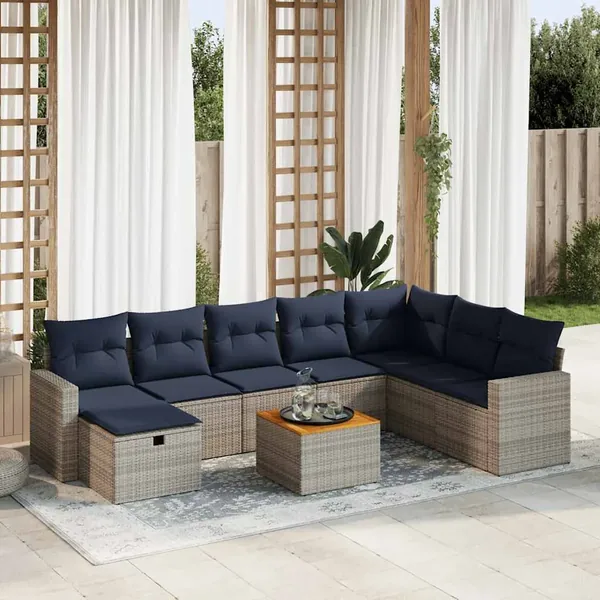 Salon de jardin 9 pcs avec coussins gris résine tressée