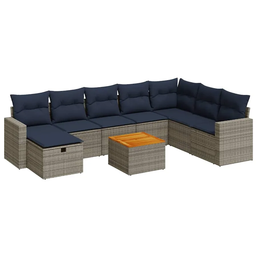 Salon de jardin 9 pcs avec coussins gris résine tressée - 2