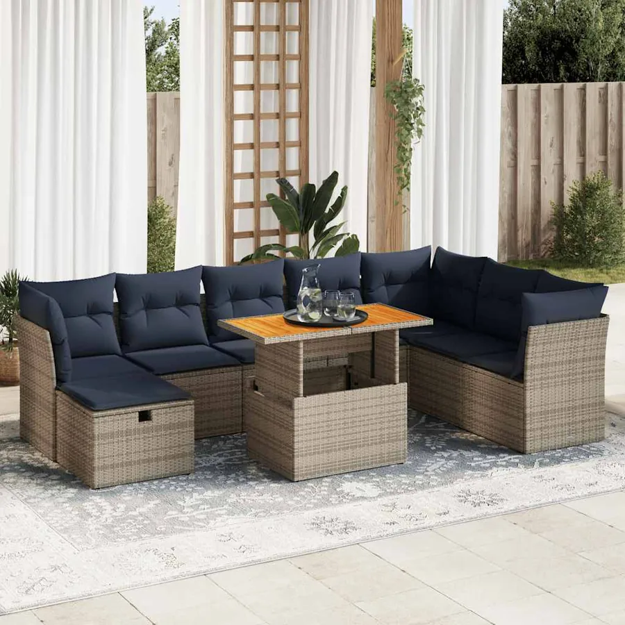 Salon de jardin avec coussins 9pcs marron résine tressée acacia