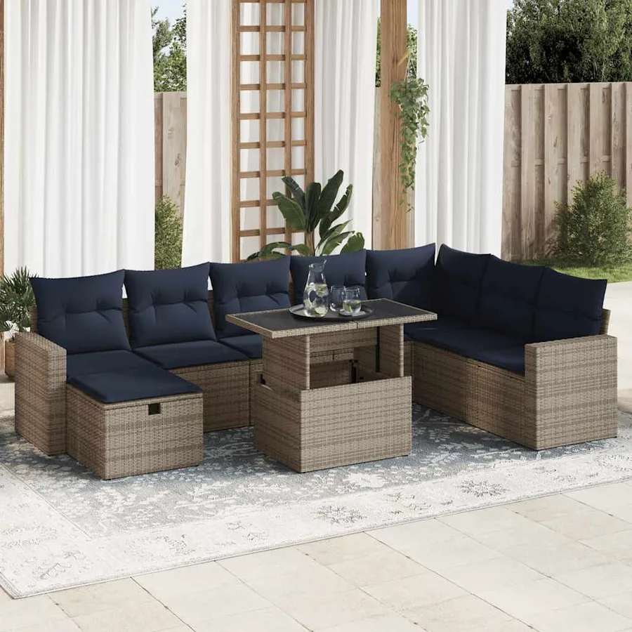 Salon de jardin avec coussins 9pcs gris résine tressée