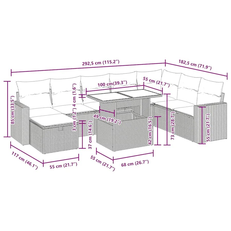 Salon de jardin avec coussins 9pcs gris résine tressée - 17
