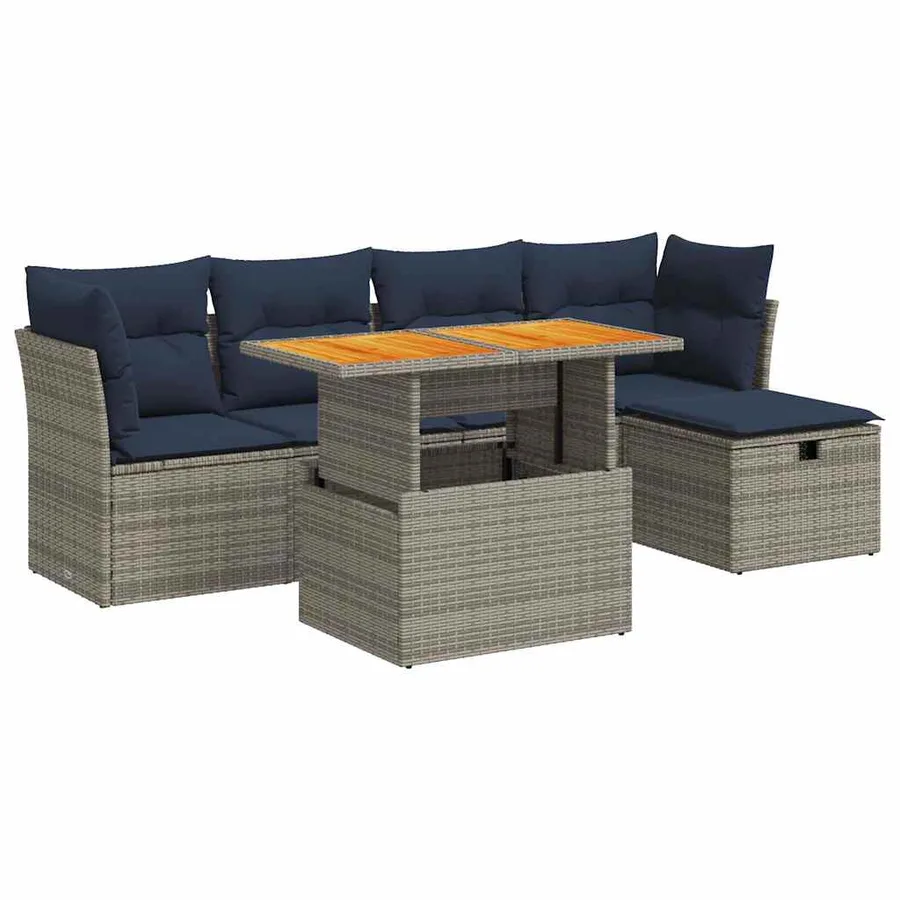 Salon de jardin avec coussins 6 pcs gris résine tressée acacia - 2