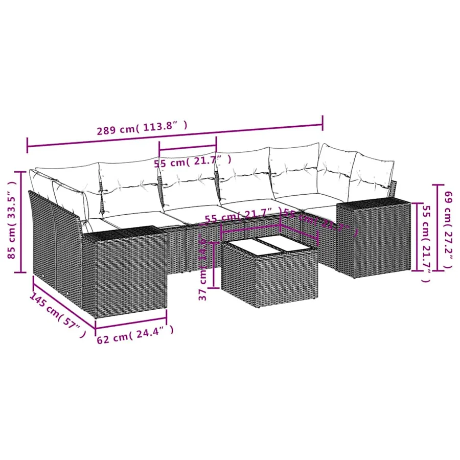 Ensemble de canapé de jardin 8 pcs avec coussins gris résine tressée - 8