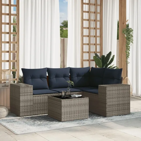 Ensemble de canapé de jardin 5 pcs avec coussins gris résine tressée