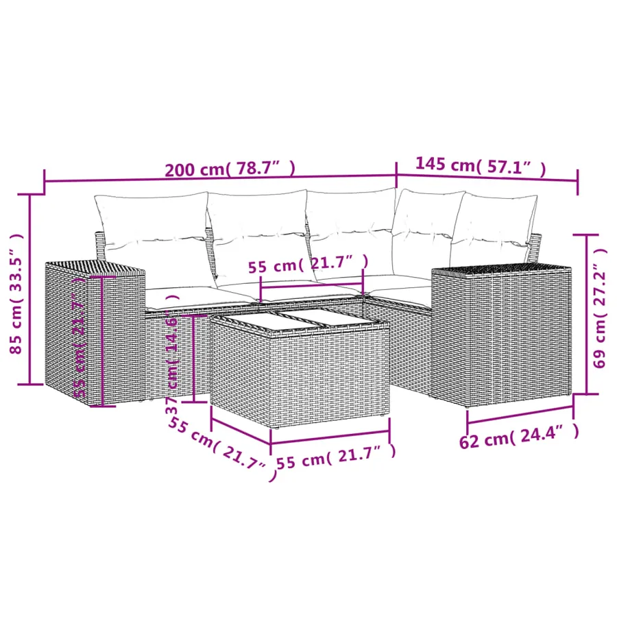 Ensemble de canapé de jardin 5 pcs avec coussins gris résine tressée - 8