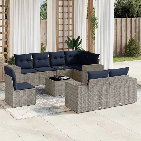 Ensemble de canapé de jardin 9 pcs avec coussins gris résine tressée