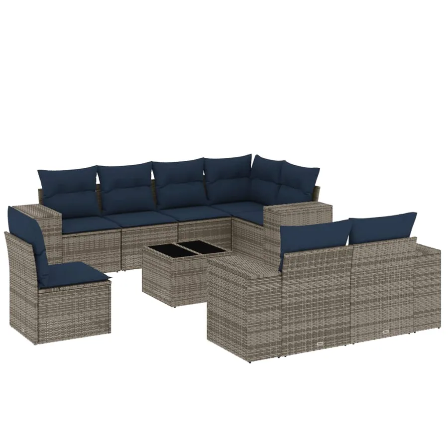 Ensemble de canapé de jardin 9 pcs avec coussins gris résine tressée - 2