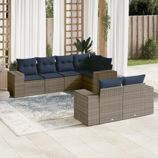 Ensemble de canapé de jardin 7 pcs avec coussins gris résine tressée