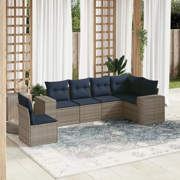 Ensemble de canapé de jardin 6 pcs avec coussins gris résine tressée
