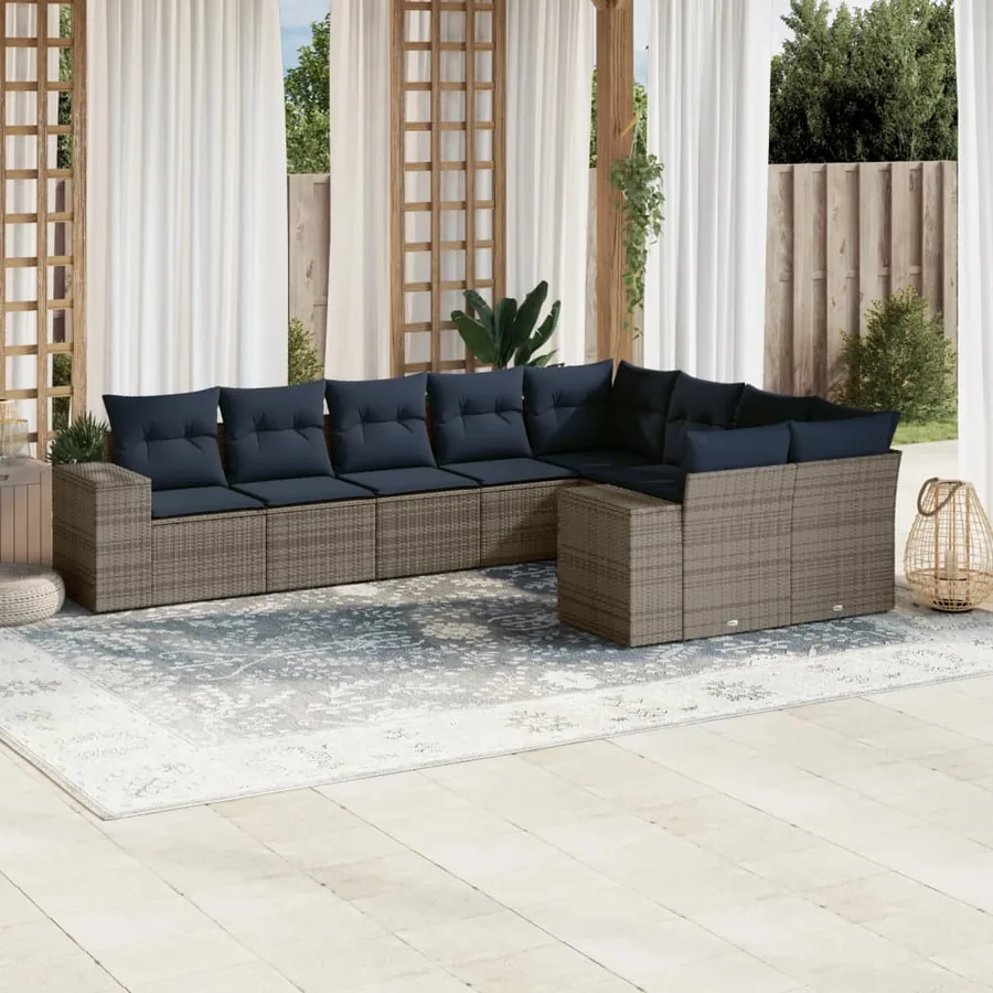 Ensemble de canapé de jardin 9 pcs avec coussins gris résine tressée