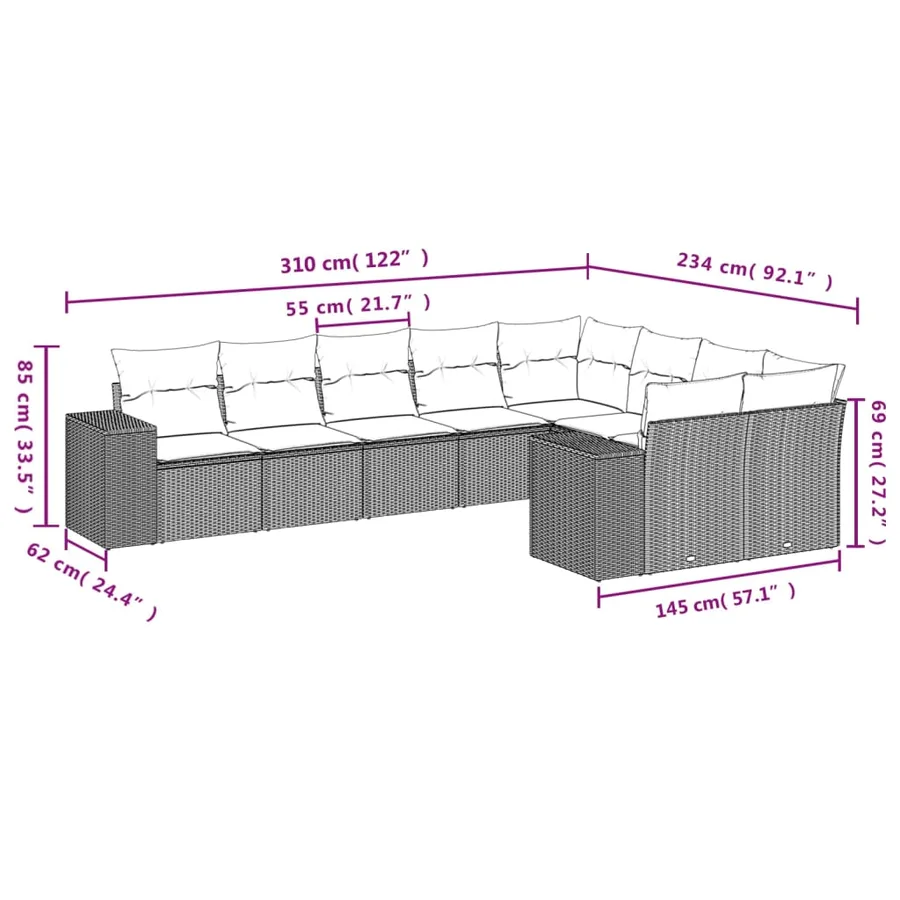 Ensemble de canapé de jardin 9 pcs avec coussins gris résine tressée - 7