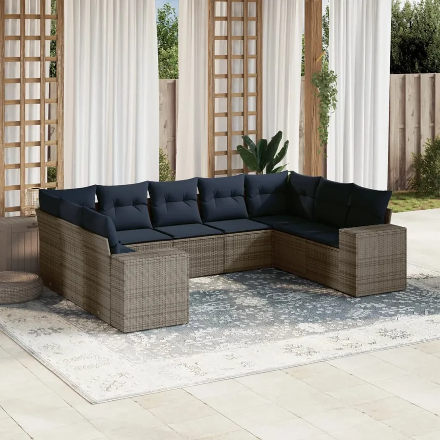 Ensemble de canapé de jardin 9 pcs avec coussins gris résine tressée