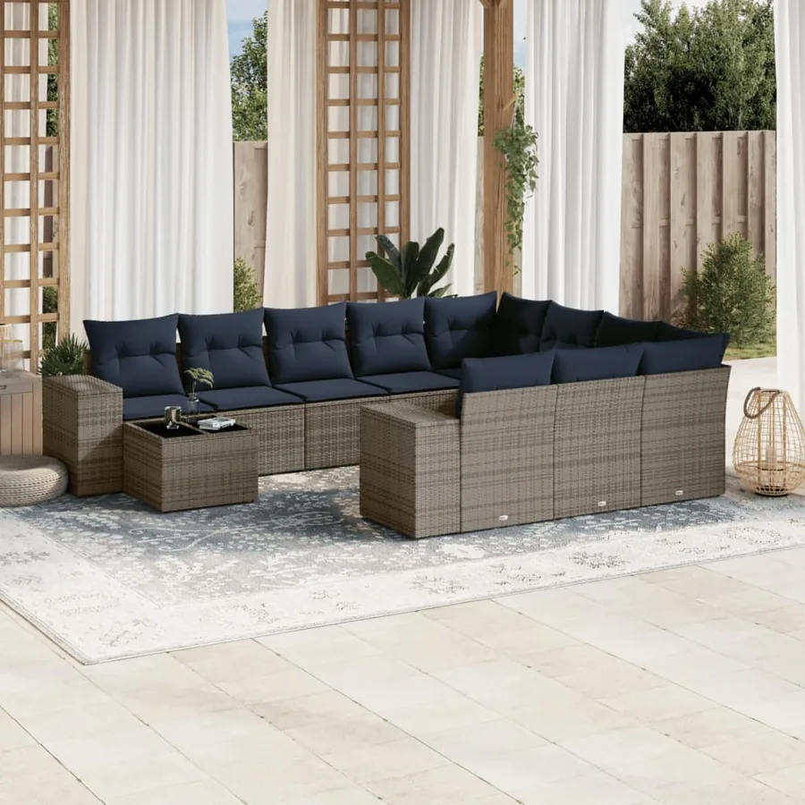Ensemble de canapé de jardin 11 pcs avec coussins gris résine tressée