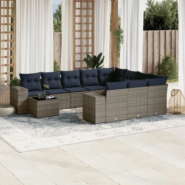 Ensemble de canapé de jardin 11 pcs avec coussins gris résine tressée