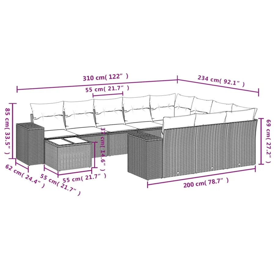 Ensemble de canapé de jardin 11 pcs avec coussins gris résine tressée - 8