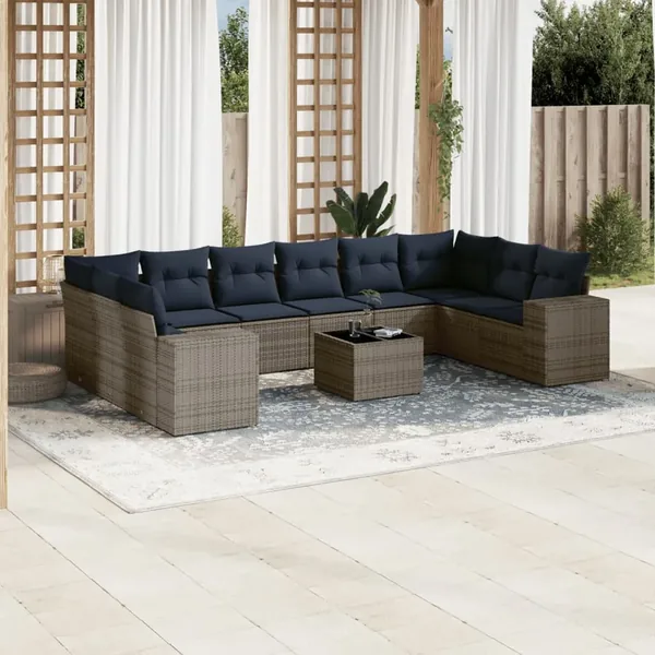 Ensemble de canapé de jardin 11 pcs avec coussins gris résine tressée