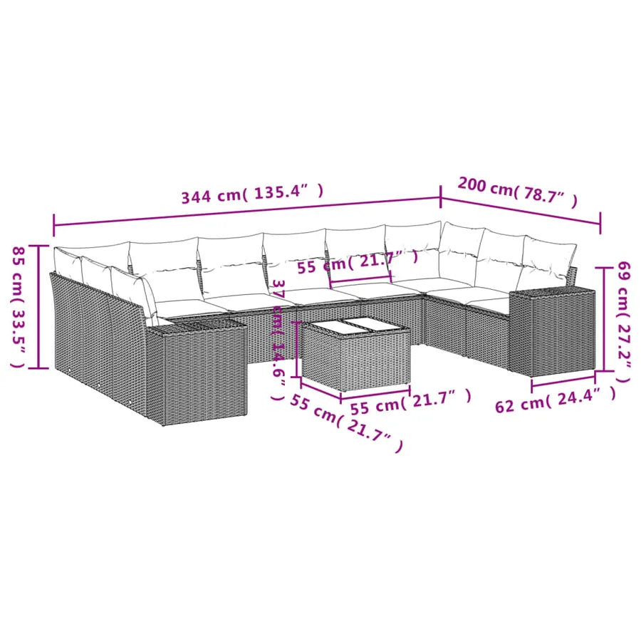 Ensemble de canapé de jardin 11 pcs avec coussins gris résine tressée - 8