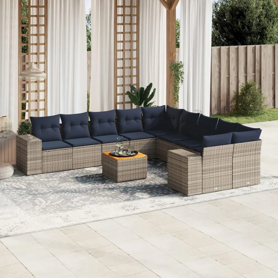 Ensemble de canapé de jardin 11 pcs avec coussins gris résine tressée
